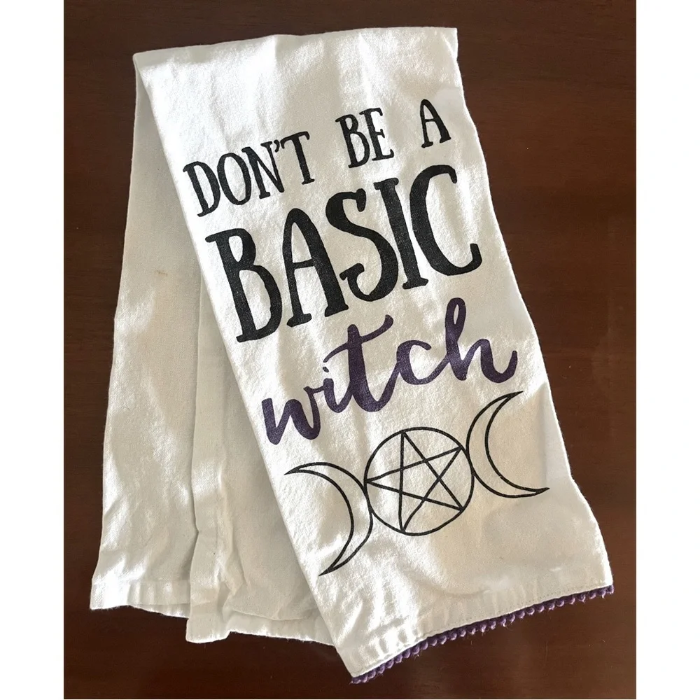 💜🔮🎃White and Purple Witch & Halloween Themed Kitchen/Bath Towel, 100% Cotton💜🔮🎃